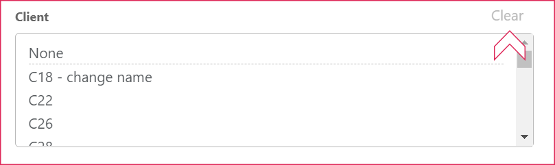 Clear button at the top-right of the client selection box in the filter