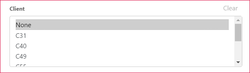Client selection box in analytics with the none option highlighted